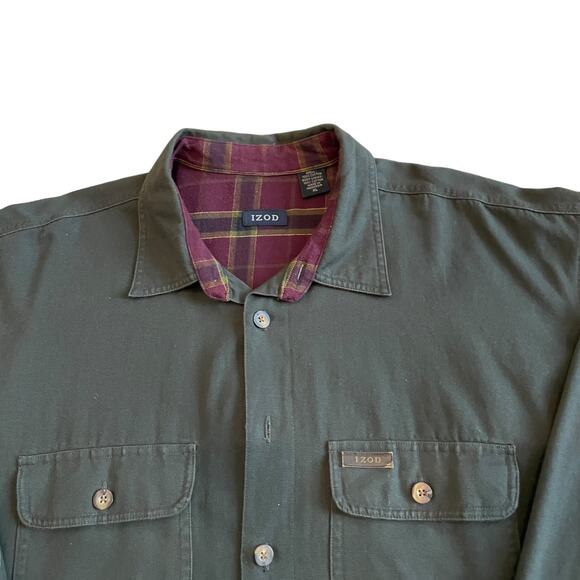 Vintage IZOD Men’s XL Button Down Long Sleeve Shirt Shacket Green Flannel Lining - Picture 11 of 12